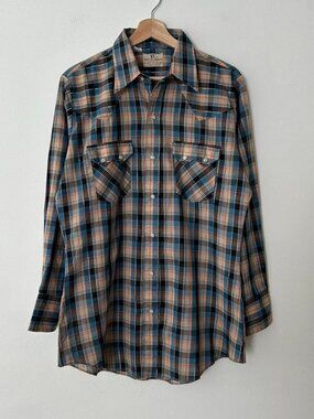 Vintage 70's Dee Cee Brand Western Plaid Long Sleeve Pearl Snap Button Up Shirt